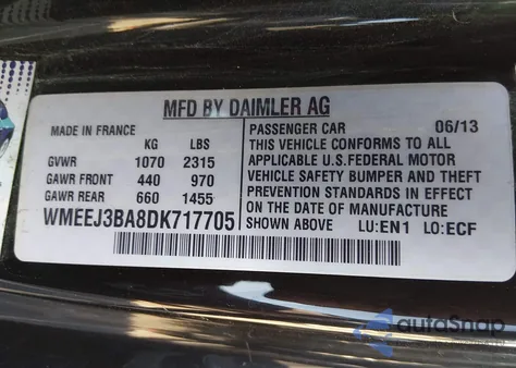 2013 Smart Fortwo Pure из США, поврежденный, VIN WMEEJ3BA8DK717705